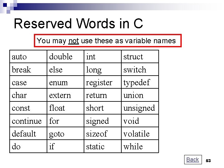 Reserved Words in C You may not use these as variable names auto break Reserved Words in C You may not use these as variable names auto break