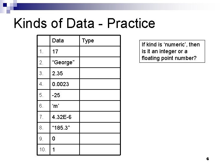 Kinds of Data - Practice Data 1. 17 2. “George” 3. 2. 35 4. Kinds of Data - Practice Data 1. 17 2. “George” 3. 2. 35 4.