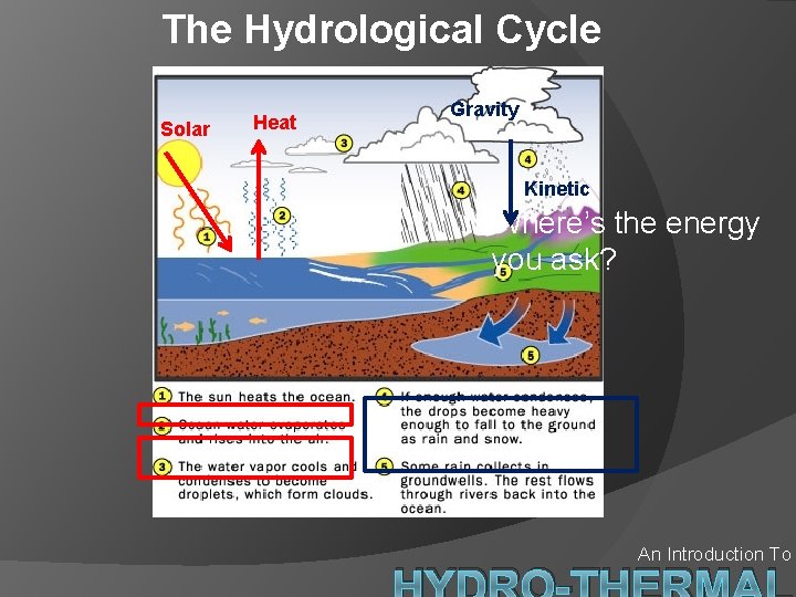 The Hydrological Cycle Solar Heat Gravity Kinetic Where’s the energy you ask? An Introduction