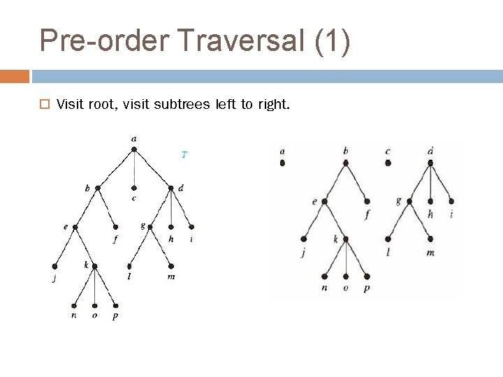 Pre-order Traversal (1) Visit root, visit subtrees left to right. 