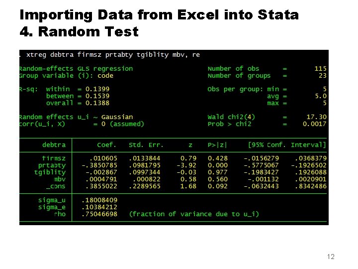 Importing Data from Excel into Stata 4. Random Test 12 