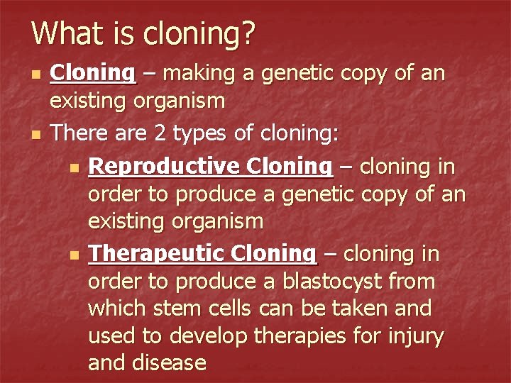 What is cloning? n n Cloning – making a genetic copy of an existing