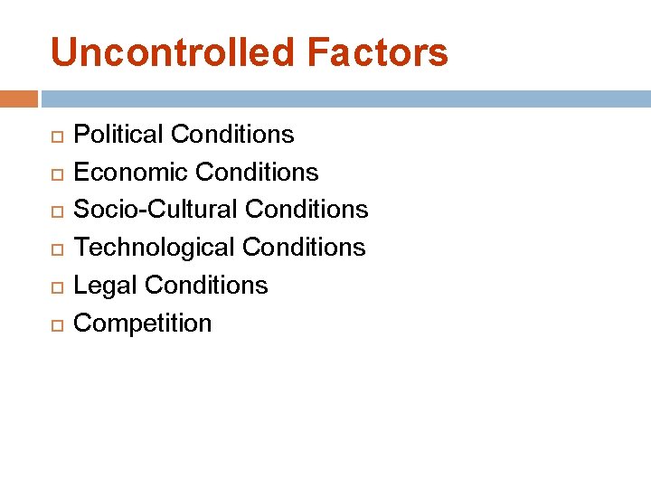 Uncontrolled Factors Political Conditions Economic Conditions Socio-Cultural Conditions Technological Conditions Legal Conditions Competition 