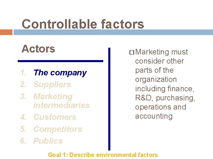 Controllable factors Actors 1. The company 2. Suppliers 3. Marketing intermediaries 4. Customers 5.