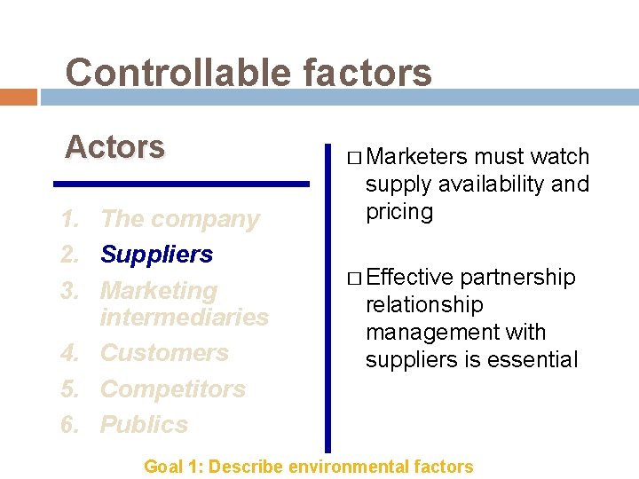 Controllable factors Actors 1. The company 2. Suppliers 3. Marketing intermediaries 4. Customers 5.