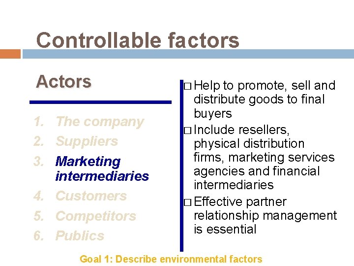 Controllable factors Actors 1. The company 2. Suppliers 3. Marketing intermediaries 4. Customers 5.