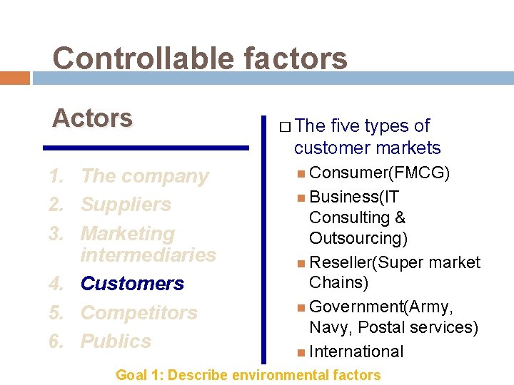Controllable factors Actors 1. The company 2. Suppliers 3. Marketing intermediaries 4. Customers 5.