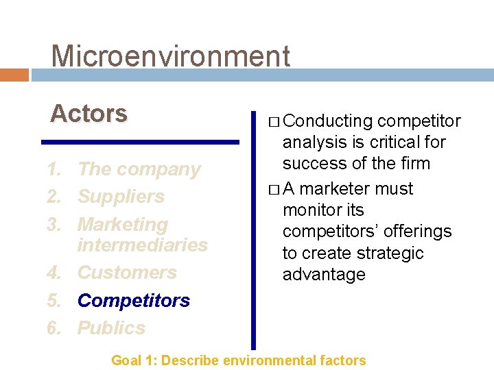Microenvironment Actors 1. The company 2. Suppliers 3. Marketing intermediaries 4. Customers 5. Competitors