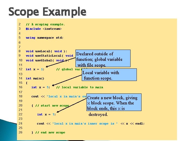 Scope Example 2 3 // A scoping example. #include <iostream> 4 5 using namespace