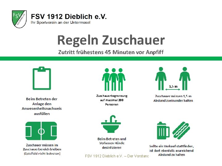 Regeln Zuschauer Zutritt frühestens 45 Minuten vor Anpfiff Zuschauerbegrenzung auf maximal 200 Personen FSV