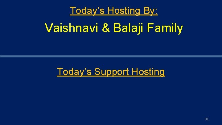 Today’s Hosting By: Vaishnavi & Balaji Family Today’s Support Hosting 31 