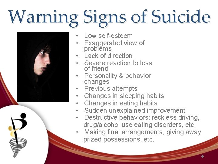 Warning Signs of Suicide • Low self-esteem • Exaggerated view of problems • Lack