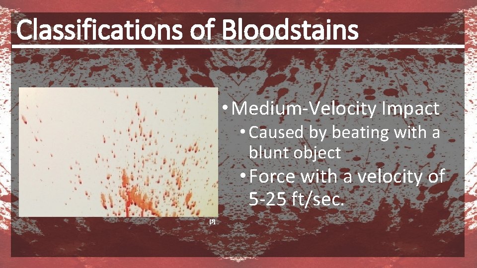 Classifications of Bloodstains • Medium-Velocity Impact • Caused by beating with a blunt object