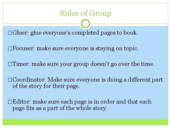 Roles of Group �Gluer: glue everyone’s completed pages to book. �Focuser: make sure everyone