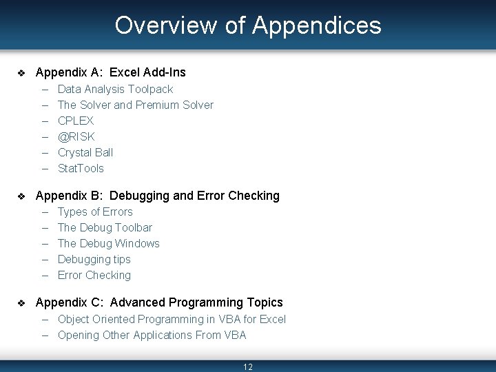 Overview of Appendices v Appendix A: Excel Add Ins – – – v Appendix Overview of Appendices v Appendix A: Excel Add Ins – – – v Appendix