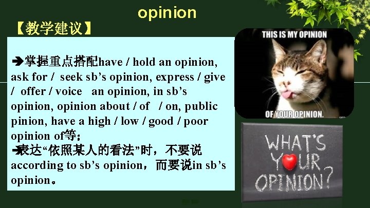 【教学建议】 opinion 掌握重点搭配have / hold an opinion, ask for / seek sb’s opinion, express 【教学建议】 opinion 掌握重点搭配have / hold an opinion, ask for / seek sb’s opinion, express