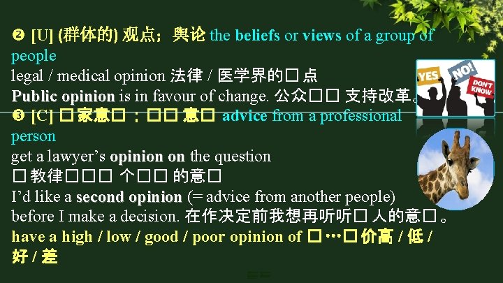  [U] (群体的) 观点；舆论 the beliefs or views of a group of people legal