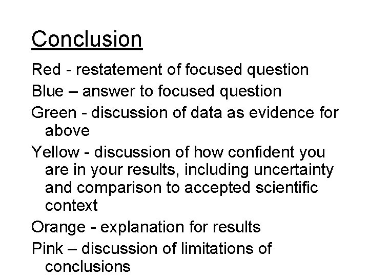 Conclusion Red - restatement of focused question Blue – answer to focused question Green