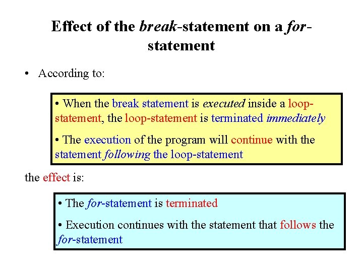 Effect of the break-statement on a forstatement • According to: • When the break