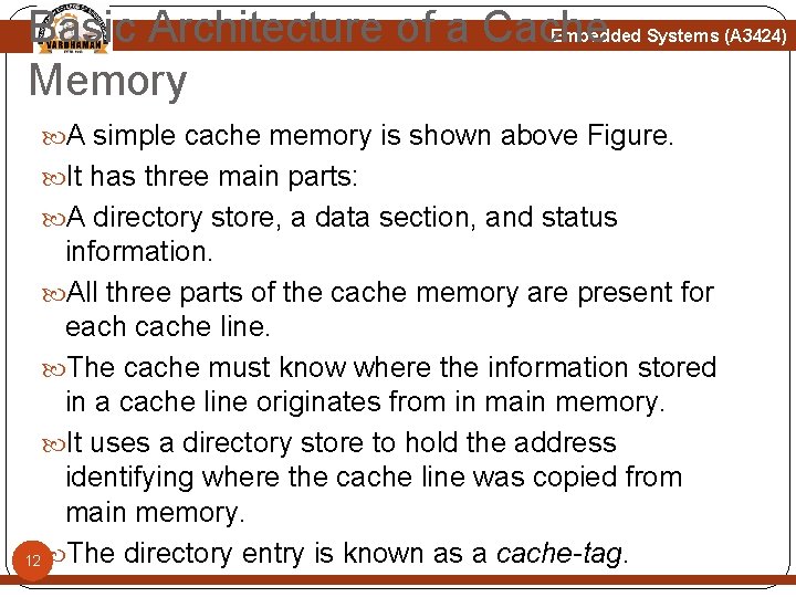 Basic Architecture of a Cache Memory Embedded Systems (A 3424) A simple cache memory Basic Architecture of a Cache Memory Embedded Systems (A 3424) A simple cache memory