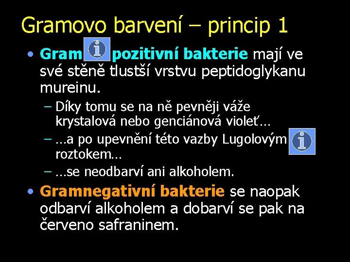 Gramovo barvení – princip 1 • Gram pozitivní bakterie mají ve své stěně tlustší