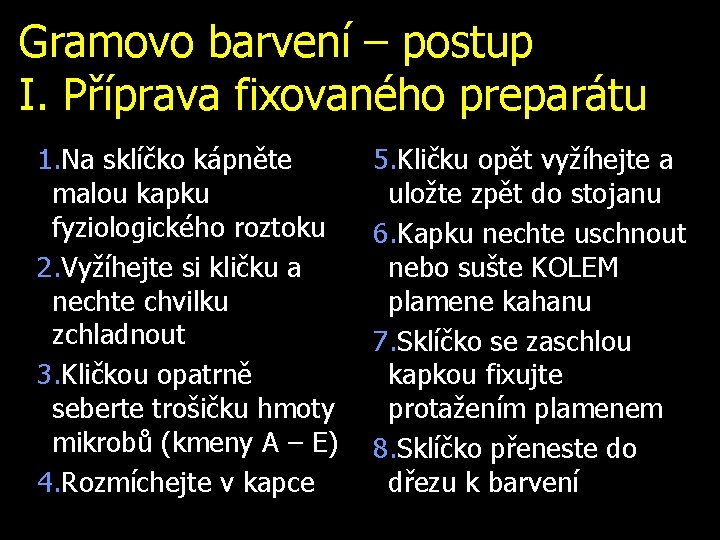 Gramovo barvení – postup I. Příprava fixovaného preparátu 1. Na sklíčko kápněte malou kapku