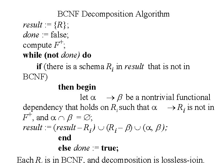 BCNF Decomposition Algorithm result : = {R}; done : = false; compute F+; while BCNF Decomposition Algorithm result : = {R}; done : = false; compute F+; while