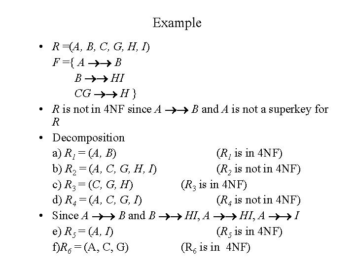 Example • R =(A, B, C, G, H, I) F ={ A B B Example • R =(A, B, C, G, H, I) F ={ A B B
