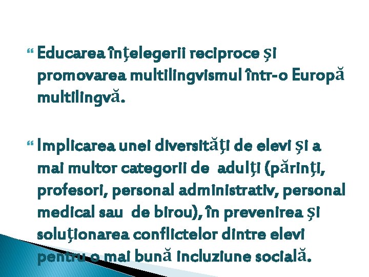 şi promovarea multilingvismul într-o Europă multilingvă. Educarea înţelegerii reciproce şi a mai multor categorii