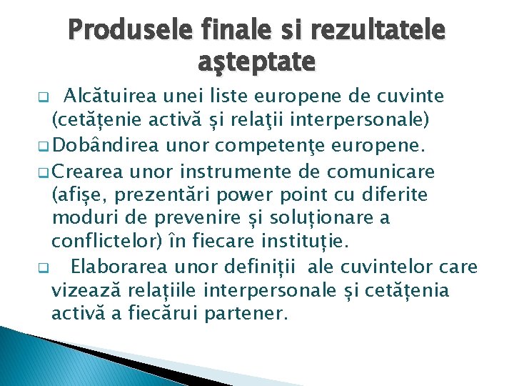 Produsele finale si rezultatele aşteptate Alcătuirea unei liste europene de cuvinte (cetățenie activă și