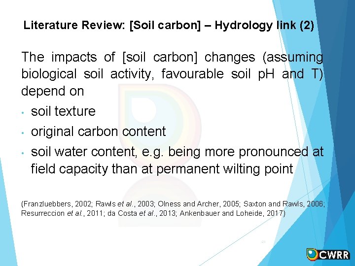 Literature Review: [Soil carbon] – Hydrology link (2) The impacts of [soil carbon] changes