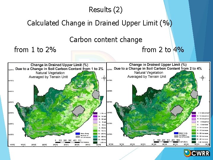 Results (2) Calculated Change in Drained Upper Limit (%) from 1 to 2% Carbon Results (2) Calculated Change in Drained Upper Limit (%) from 1 to 2% Carbon