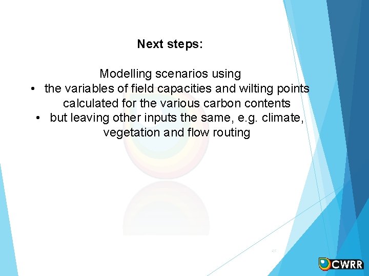 Next steps: Modelling scenarios using • the variables of field capacities and wilting points Next steps: Modelling scenarios using • the variables of field capacities and wilting points