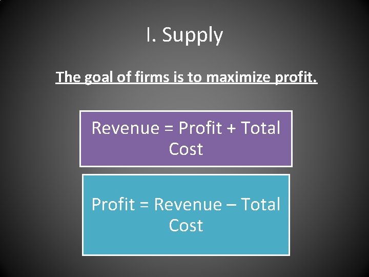 I. Supply The goal of firms is to maximize profit. Revenue = Profit +