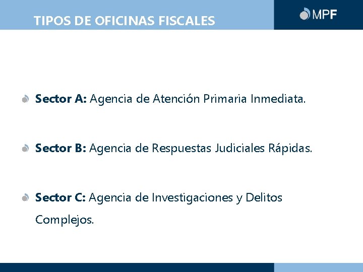 TIPOS DE OFICINAS FISCALES Sector A: Agencia de Atención Primaria Inmediata. Sector B: Agencia