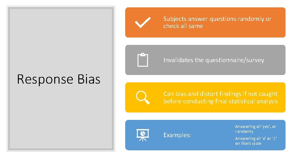 Subjects answer questions randomly or check all same Invalidates the questionnaire/survey Response Bias Can