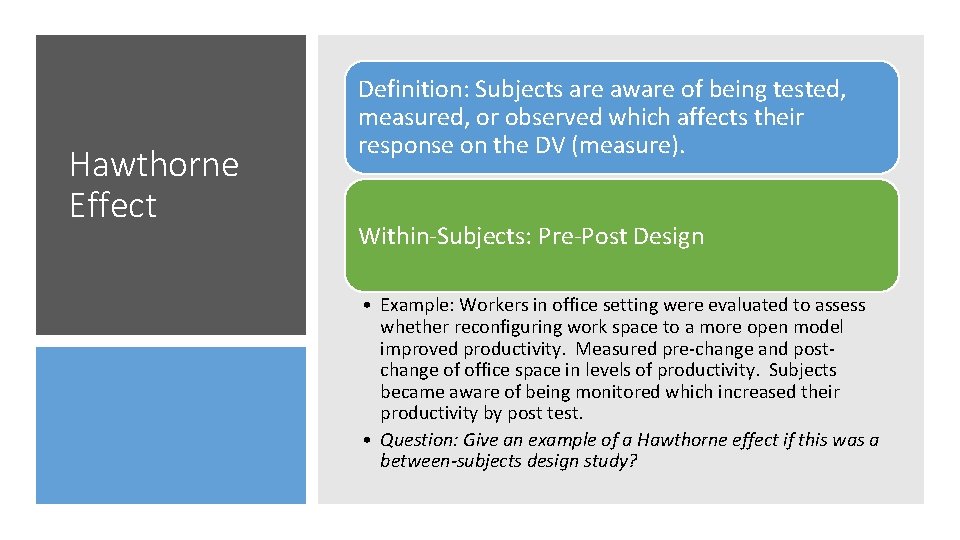 Hawthorne Effect Definition: Subjects are aware of being tested, measured, or observed which affects
