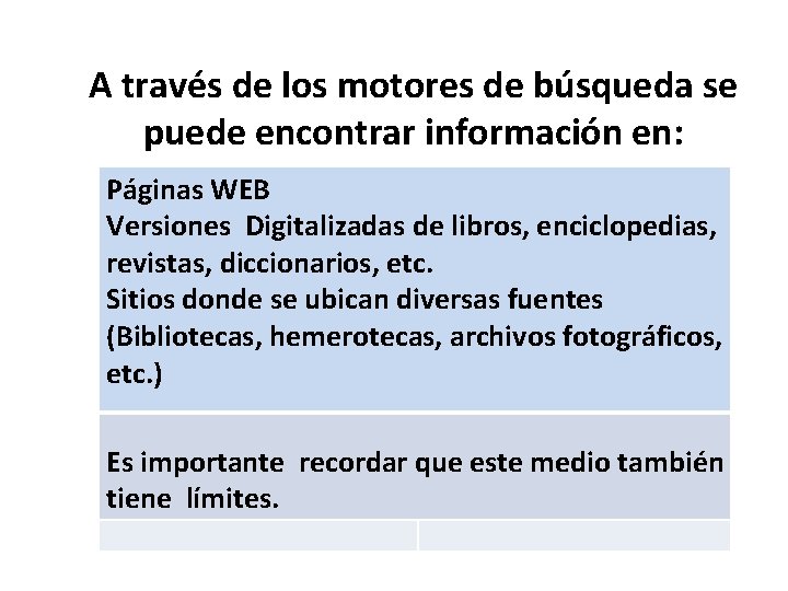 A través de los motores de búsqueda se puede encontrar información en: Páginas WEB