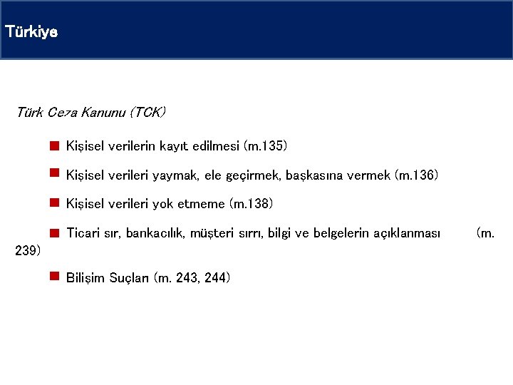 Türkiye Türk Ceza Kanunu (TCK) Kişisel verilerin kayıt edilmesi (m. 135) Kişisel verileri yaymak,