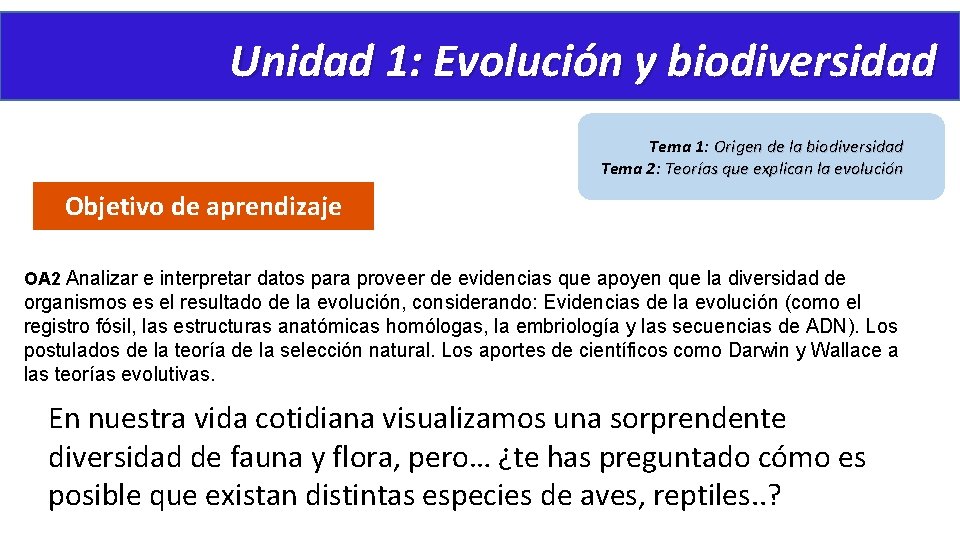 Unidad 1: Evolución y biodiversidad Tema 1: Origen de la biodiversidad Tema 2: Teorías