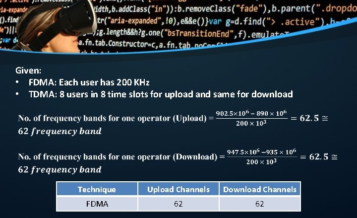 Given: • FDMA: Each user has 200 KHz • TDMA: 8 users in 8