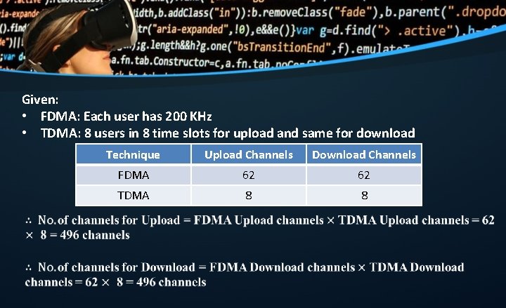 Given: • FDMA: Each user has 200 KHz • TDMA: 8 users in 8