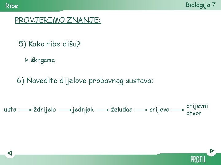 Biologija 7 Ribe PROVJERIMO ZNANJE: 5) Kako ribe dišu? Ø škrgama 6) Navedite dijelove