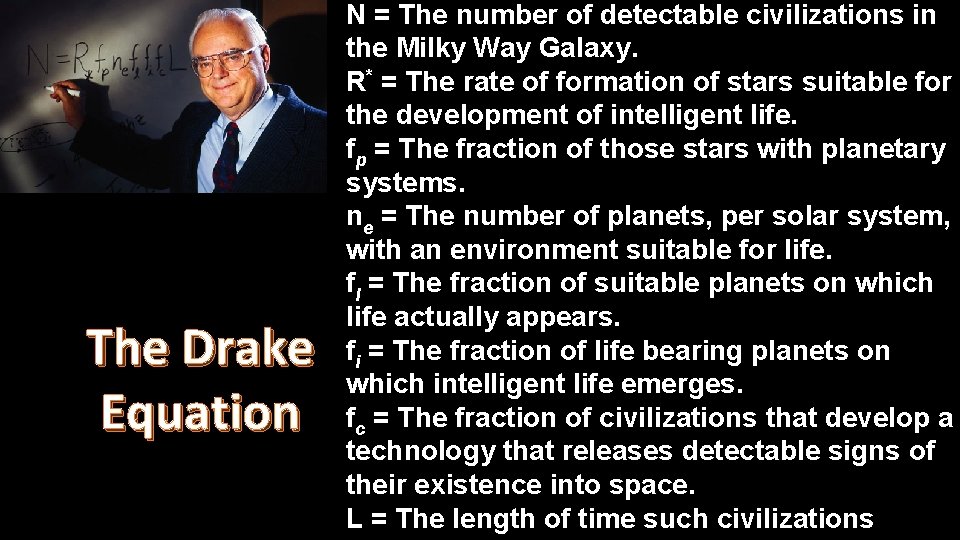 The Drake Equation N = The number of detectable civilizations in the Milky Way