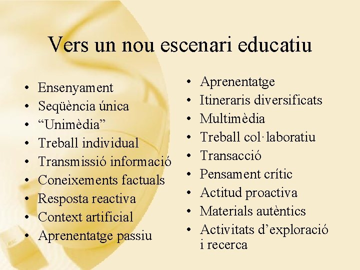 Vers un nou escenari educatiu • • • Ensenyament Seqüència única “Unimèdia” Treball individual
