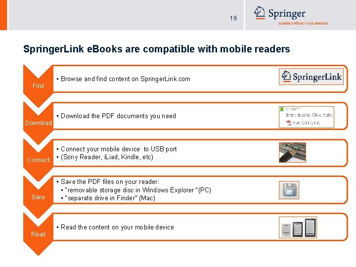 19 Springer. Link e. Books are compatible with mobile readers • Browse and find