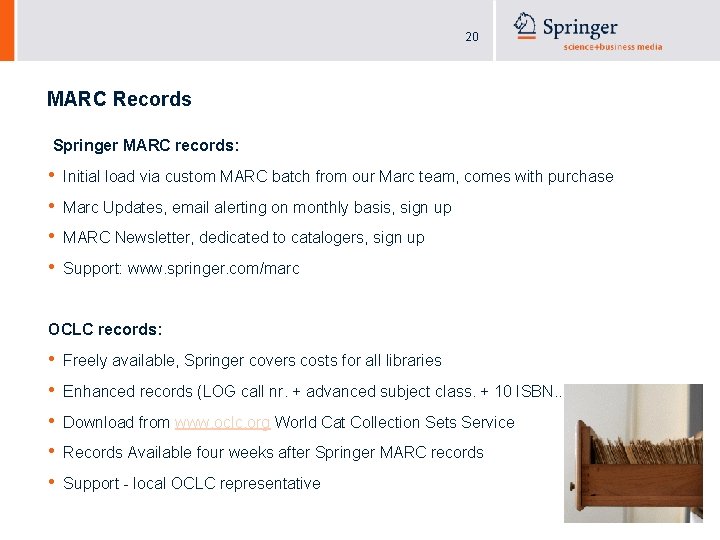 20 MARC Records Springer MARC records: • • Initial load via custom MARC batch