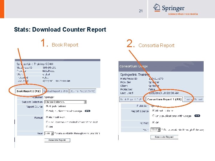 21 Stats: Download Counter Report 1. Book Report 2. Consortia Report 