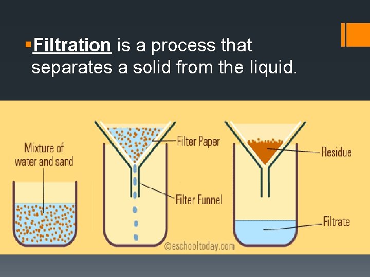§Filtration is a process that separates a solid from the liquid. 