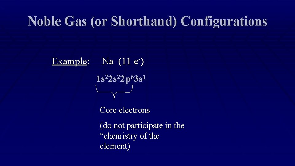 Noble Gas (or Shorthand) Configurations Example: Na (11 e-) 1 s 22 p 63